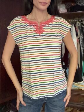 Talbots Rainbow Stripe Knit Top Coastal Preppy Resort Short Sleeve Medium
